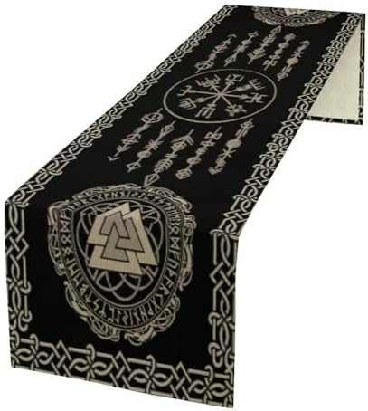 Vintage Viking Pattern Table Runner, Viking Ancient Runic Helmet of Awe Seasonal Dinner Runner for Farmhouse Party Holiday Home Kitchen Dining Table Decor 13"x70" by SHElifestyle