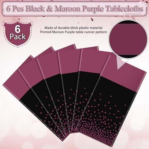 6Pcs Black and Maroon Purple Tablecloth Party Decorations,Plastic Black Table Cloth Printed Maroon Purple Table Runner Disposable Rectangle Table Cover for Birthday Wedding Graduation Party,54x108Inch - Image 4