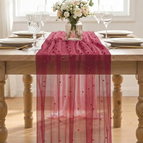Artoid Mode 6-Pack Pearl Burgundy Gauze Table Runner 10FT Home Decor - Image 2