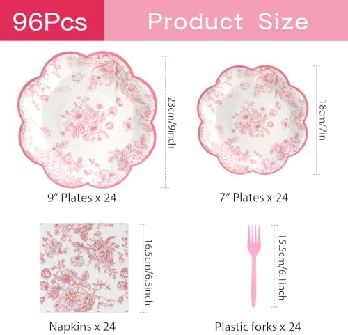 96 PCS Floral Paper Plates, Pink Vintage Floral Paper Plates and Napkins Party Supplies for Birthday Bridal Shower Picnic Tea Time, Serve for 24 Guests - Image 3