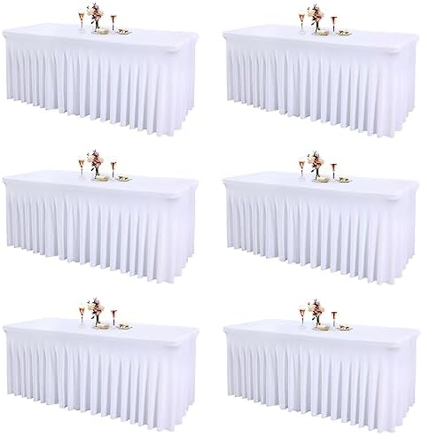 Shillance 6 Packs White Spandex Table Covers 8 Foot, Fitted Stretch Table Cloth with Skirts 96x30 Inch, Wrinkle-Free Floor Length Rectangle Tablecloths for Weddings Parties Banquets Events by Shillance
