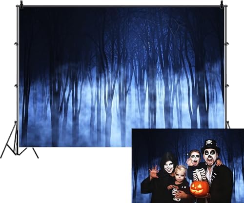 Misty Forest Backdrop for Halloween Eve Gothic Party Spooky Foggy Night Dark Blue Magic Midnight Theme Woods Trees Background Photography Studio Photo Booth Props 9x6ft by CRTPODHomeDecor