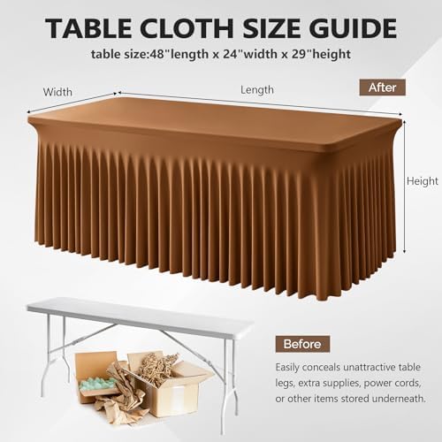 Wish Care 2 Pack Brown Spandex Table Clothes for 4 Foot Rectangle Tables, 4FT Wrinkle Free Fitted Tablecloths Ruffles Design Table Cover for Party, Banquet, Wedding and Events - Image 3