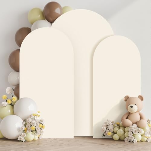 Beige Arch Backdrop Cover (7.2FT,6FT,6FT) Set of 3, Spandex 2-Sided Round Top Chiara Fitted Wedding Arch Cover Backdrop for Wedding Birthday Party Arch Stand Decoration by Htper