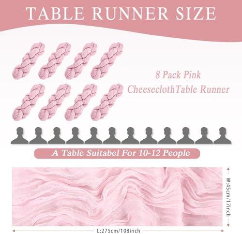8 Pack Pink Cheesecloth Table Runner 17x108 inch Boho Gauze Cheese Cloth Table Runners for Wedding Party Baby Bridal Shower Home Decor - Image 3