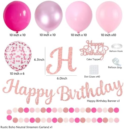 Hot Pink Boho Birthday Party Decorations - 62pcs Happy Birthday Banner, Pink Rustic Paper Lanterns, Streamers, Tissue Pom Poms, Rose Gold Blush Party Balloons, Birthday Decorations for Women Girl - Image 3