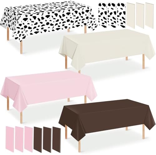 12 Pack Cowgirl Baby Shower Plastic Tablecloth for Rectangle Tables, Cow Print Western Disposable Table Cover, Pink Rustic Table Cloth for Western Farm Cowboy My First Rodeo Baby Shower Party Decor by Hauwellter