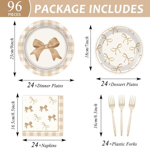 CHUNNIN 96Pcs Beige Plaid Bow Plates and Napkins Party Decorations Bow Theme Dessert Paper Plates Napkins Forks Birthday Tableware Set for 24 Guests Girls Boys Baby Shower Picnic BBQ Party Supplies - Image 2