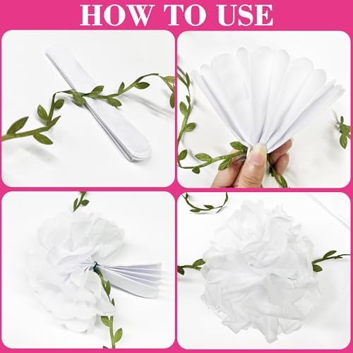 Hot Pink White Party Decorations Ombre Pink White Tissue Paper Flowers Pom Pom Leaf Ribbon Hanging Streamer Garland for Women Girls Birthday Bachelorette Wedding Shower Flamingo Party Supplies - Image 3