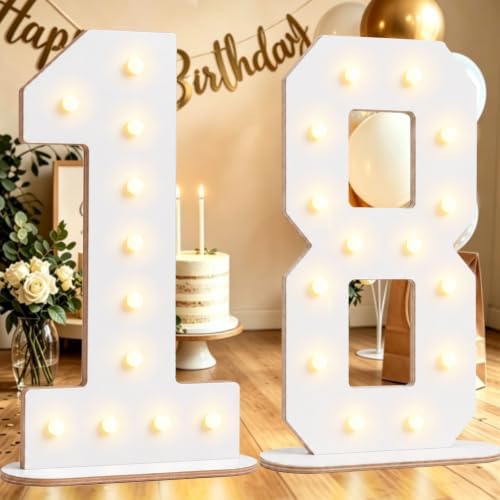 Pooqla 18th Birthday Decorations, 17.3 in White Wooden Light Up Numbers by Pooqla