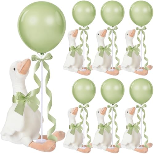 Chunful 6 Set Sage Green One Silly Goose 1st Birthday Decoration 11.8 Inch Soft Goose Stuffed Animal Baby Shower Centerpieces Swan Stuffed Animal with Balloon Table Decor for Wedding Gift Party Favor by Chunful