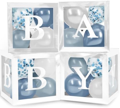 44-Pc Baby Shower Boxes & Balloons, Gender Reveal - Dusty Blue & White by Vellax