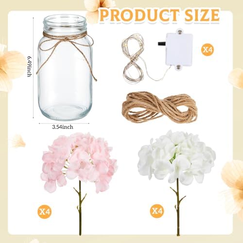 4 Sets Hydrangea Mason Jar Centerpiece with LED Lights for Wedding - Image 2