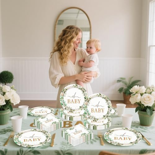 72pcs Oh Baby Eucalyptus Paper Plates and Napkins Set, 7inch Sage Greenery Baby Shower Party Plate Decorations Disposable Green Leaf Party Supplies for Boys or Girls Gender Reveal Birthday Baby Shower - Image 6