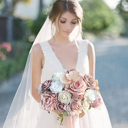 FACINOC Roses Artificial Flowers Pink Bouquet Dusty Fake Flower Box Set - Image 2