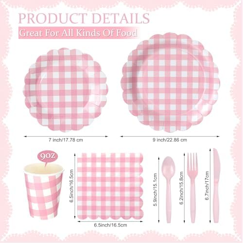 Yaomiao 168 Pcs Pink Gingham Party Supplies Princess Plates and Napkins - Image 2