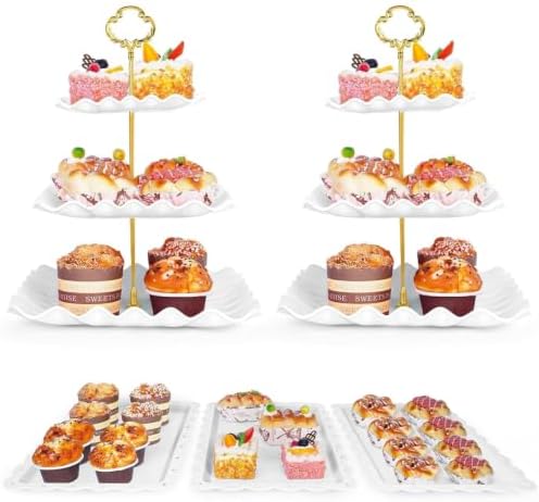 5 Pcs Dessert Table Display Set - 2 Pcs 3-Tier Dessert Display Stands & 3 Pcs Serving Tray - Dessert Trays Dessert Stands Treat Table Displays Set for Tea Parties,Birthdays & Baby Showers by Findful