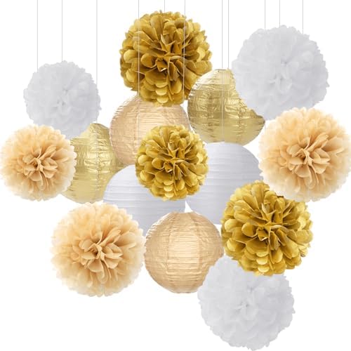 White Gold Party-Decorations Paper Flowers Lanterns - 15PCS Engagement Birthday Graduation Wedding Tissue Pom Poms Streamers,Neutral Bachelorette Baby Bridal Shower Hanging Supplies Decor Hugfond by Hugfond