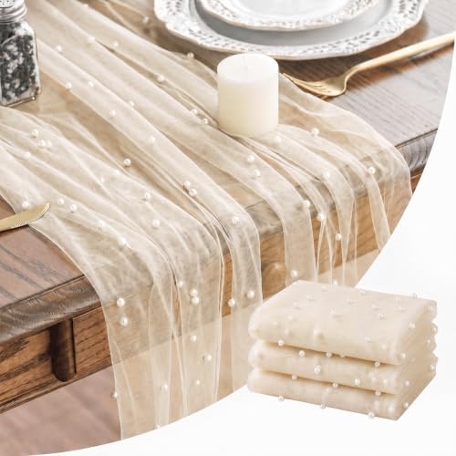 Artoid Mode 3-Pack Pearl Beige Gauze Table Runner 10FT Home Decor by ArtoidMode