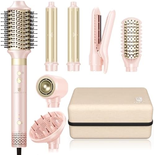 Hair Dryer Brush 8-in-1 Dual Voltage Hot Air Styler – Fast-Drying 110,000 RPM Ionic Blow Dryer with Straightener & Curler Attachments, Frizz-Free Volumizing Styler with Protective Hard Case-Pink by TakeHairSalonHome