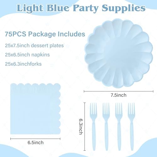 75 Pcs Blue Paper Plates and Napkins, Tableware Set Serve for 25 Guests - Image 2