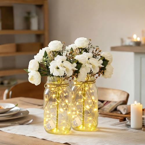 4 Sets Faux Peony Mason Jar Centerpiece with LED Lights for Wedding - Image 5