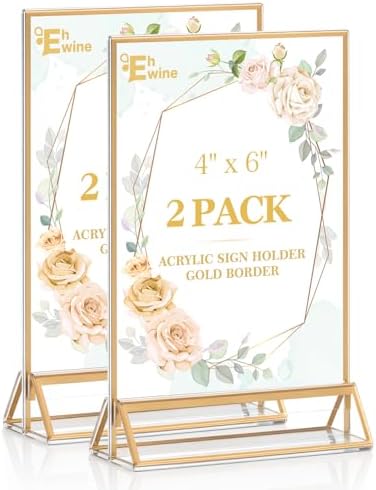 EHWINE 2 Pack Acrylic Sign Holder 4 x 6, Double Sided Gold Picture Frame Stand up Table Top Sign Holders, Clear Display Stand Menu Flyer Holder for Wedding Party by EHWINE