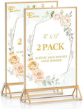EHWINE 2 Pack Acrylic Sign Holder 4 x 6, Double Sided Gold Picture Frame Stand up Table Top Sign Holders, Clear Display Stand Menu Flyer Holder for Wedding Party by EHWINE