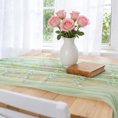 BINBE 1pcs Sage Green Florals Table Runner Embroidery Gauze 10FT Daisy Seasonal Tulle Birthday Wedding Holiday Kitchen Dining Table Decor for Home Party - Image 4