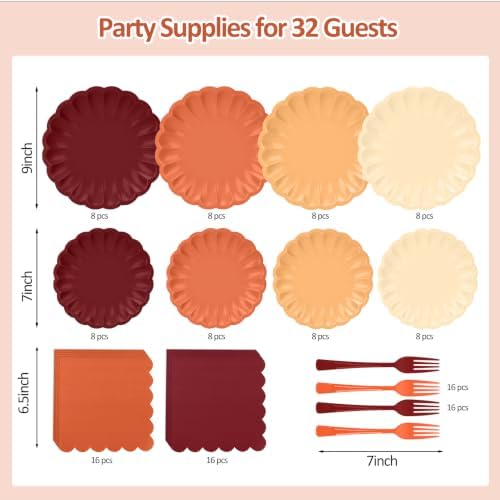 128Pcs Orange and Burgundy Plates and Napkins Party Supplies,Yellow Fall Color Disposable 7&9" Scalloped Paper Plates Napkins Forks Tableware for Fall Wedding,Birthday,Bridal Shower,Thanksgiving - Image 3