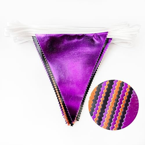 Black Orange Purple Halloween Party Decorations Metallic Fabric Triangle Pennant Banner Flag Bunting Garland for Birthday Baby Shower Bachelorette Trick or Treat Halloween Holiday Party Supplies - Image 3