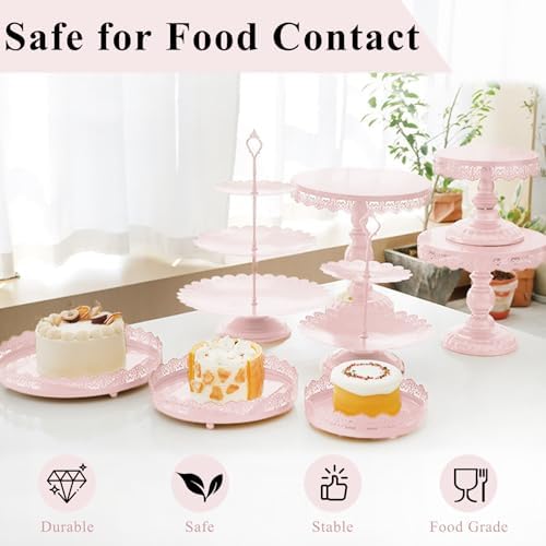Set of 9 Cake Stands Metal Cupcake Stand Set Multiple Styles Candy Fruit Display Tower Dessert Plate Cake Serving Tray for Birthday Party Wedding Anniversary Baby Shower Engagement (Pink) - Image 3