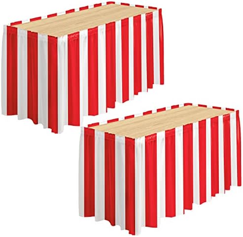 durony 2 Packs Red and White Striped Table Skirt Circus Theme Party Supplies Carnival Table Skirt for Carnival Home Party Decoration, 165 x 30 Inches by durony