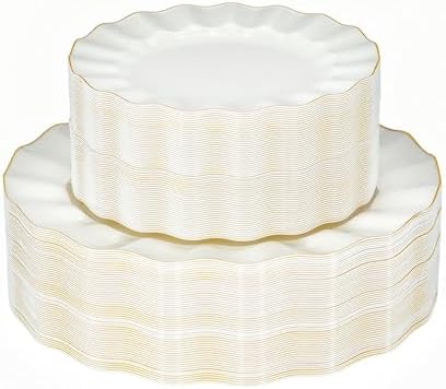 120PCS Ivory White Plastic Plates, Wavy Plates with Gold Rim by QualQuot