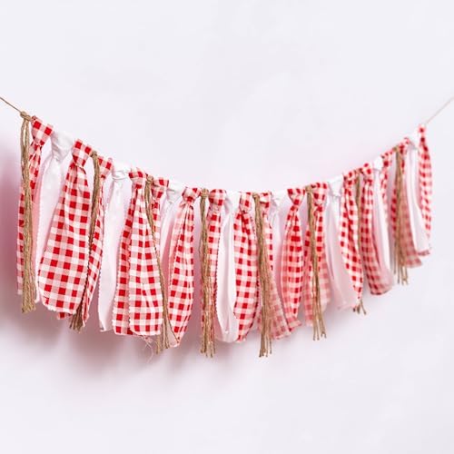 Red White Gingham Fabric Garland Banner BBQ Picnic Pizza Banner - Image 6