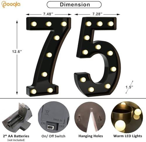 Pooqla 75th Birthday Decorations for Men, Large Black Light Up Numbers - Image 4