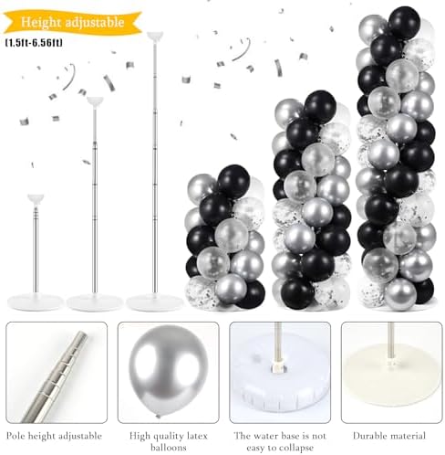 2 Sets Black Silver Balloon Column Stand Kit 3.3 X 6.6 ft Silver Photo Backdrop With Black Silver Confetti Balloons Balloon Tower Stand for Wedding Birthday Holiday Party Retirement Anniversary - Image 3