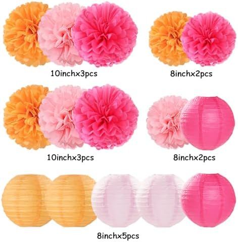 Pink-Orange Party-Decorations Paper-Flowers Lanterns - 15PCS Fall Wedding Birthday Tissue Pom Poms Streamers, Boho Baby Bridal Shower Graduation Sunset Hanging Supplies Decor Hugfond - Image 5