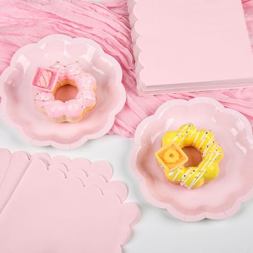 100 PCS Pink Paper Plates and Napkins Set, Tableware Set Include 7 inch Scalloped Pink Paper Plates and Napkins Serves 50 for Baby Shower, Bridal shower，Wedding, Birthday, Mother Day - Image 2