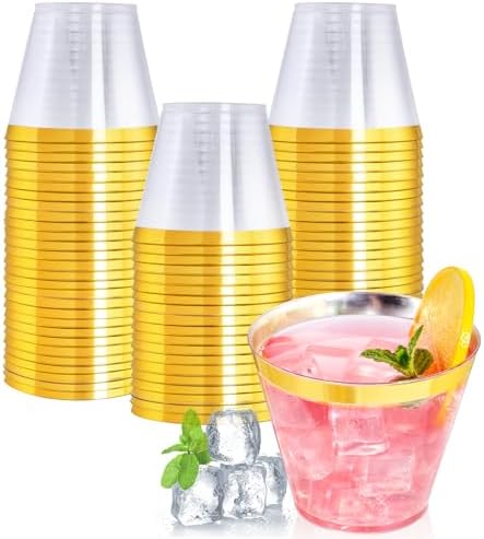 I00000 60 Pack Gold Plastic Cups, 9 OZ Elegant Gold Rimmed Plastic Cups by I00000