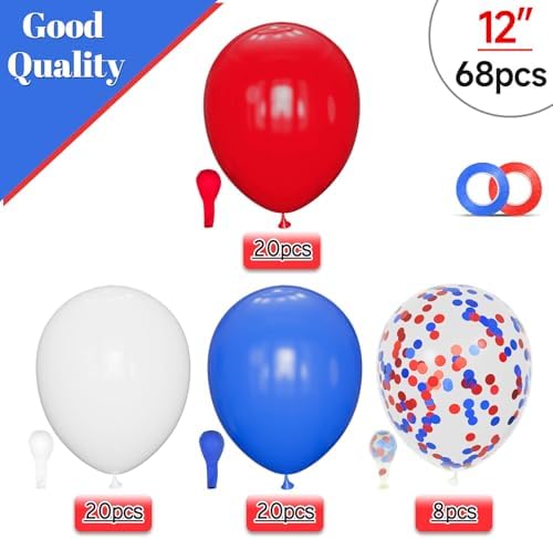 Red White Blue Latex Balloons 68 Pack, 12 Inch Patriotic Balloons with Confetti, Party Decorations for 4th of July, Independence Day, Graduation, Birthday, Air Helium Fill. - Image 2