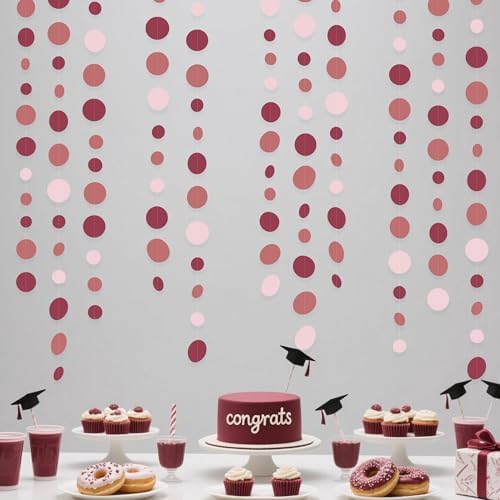Burgundy Dusty Pink Decorations Circle Dot Garland Maroon Pink Hanging Polka Dot Streamer Banner for Wedding Birthday Bridal Shower Engagement Graduation Anniversary Garnet Party Supplies - Image 3