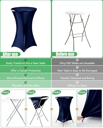 KeyWave Spandex Cocktail Table Covers, 32x43 Inch, Shiny Navy, 8 Pack - Image 5