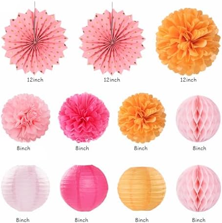 Hot-Pink Orange Fall Birthday Party-Decorations - 21pcs Autumn Women Peach Happy Banner,Girls Groovy Paper Streamers Lanterns Honeycomb,Tissue Flowers Pom Poms Fan, Boho Garland Room Decor - Image 2
