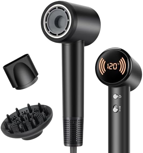Diffuser Hair Dryer, Ionic Travel Hairdryer with 110000 RPM High-Speed Motor for Fast Drying, 1600W Low Noise&Lightweight Blow Dryer with Concentrator for Women Men, Professional Salon Home (Black) by Unknown