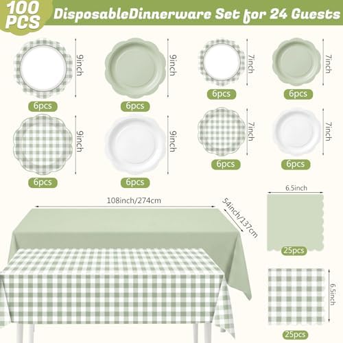 LemonRoad 100 Pcs Sage Green Gingham Paper Plates Napkins Plastic Tablecloth Set for 24, Green White Disposable Dinner Dessert Scalloped Plates for Baby Shower Picnic Birthday Party Supply Decoration - Image 3