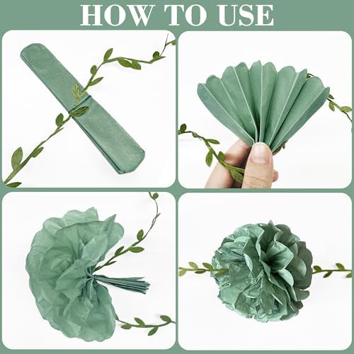 Sage Green Dusty Rose Pink Beige Tissue Paper Flowers Pom Pom with Leaf Ribbon Hanging Garland Streamer for Girl Safari Woodland Jungle Birthday Wedding Shower Garden Party Decorations Supplies - Image 3