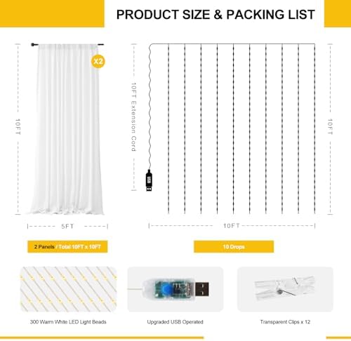 Tulle Curtain Backdrop with 300 LED Fairy Lights for Parites Wrinkle-Free Sheer Curtain Drapes Photo Back Drop for Wedding Baby Shower Bridal Shower Birthday Dance Home Décor- 10ft×10ft, White - Image 3