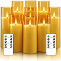 kakoya Flickering Flameless Candles Battery Operated with Remote and 2/4/6/8 H Timer Acrylic Led Pillar Candles Pack of 9 (appr D2.3"xH5.5"6.5"7.5")with Realistic 3D Wick Candles for Home Decor(Gold) by FLAMELESSCANDLES