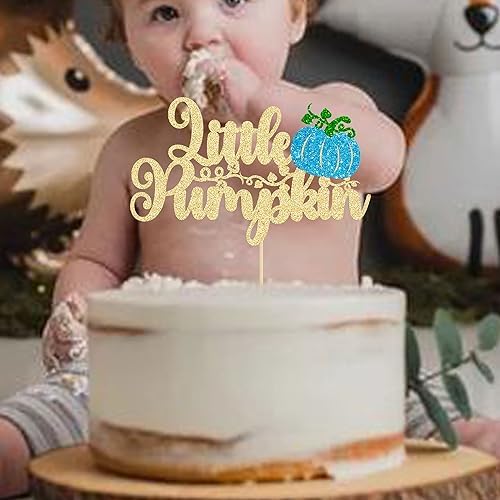 Ephlyn 1Pc Little Pumpkin Cake Topper Blue Glitter Boy Pumpkin Baby Shower Cake Topper Decorations for Autumn Little Pumpkin Themed Baby Shower Kids Boys Birthday Party Supplies - Image 5